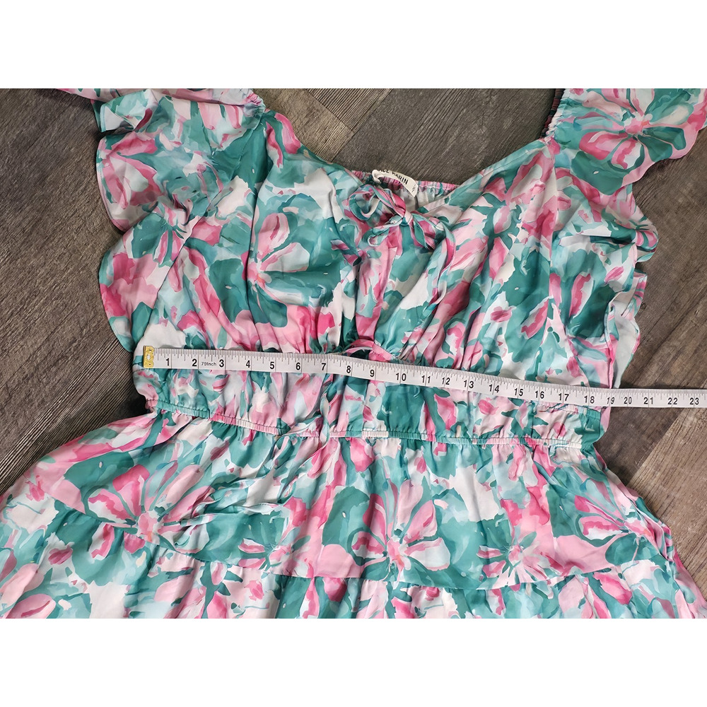 Grace Karin Womens 2XL Pink Teal Floral Tiered Midi Dress Flutter Sleeve NWOT - Picture 2 of 8
